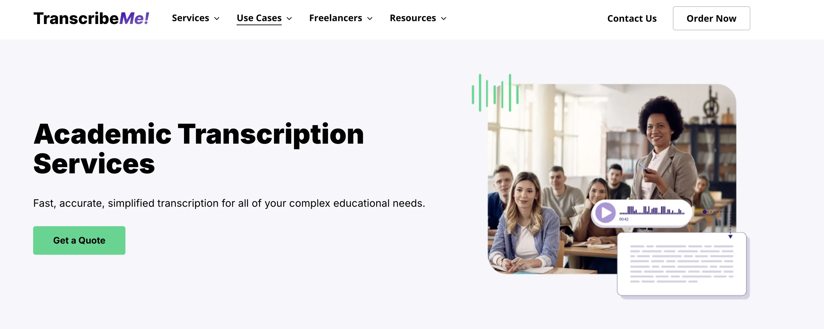The homepage of TranscribeMe.