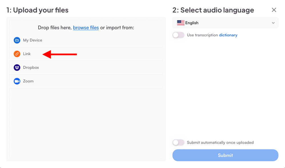 How to share a YouTube link in Maestra's video to text converter.