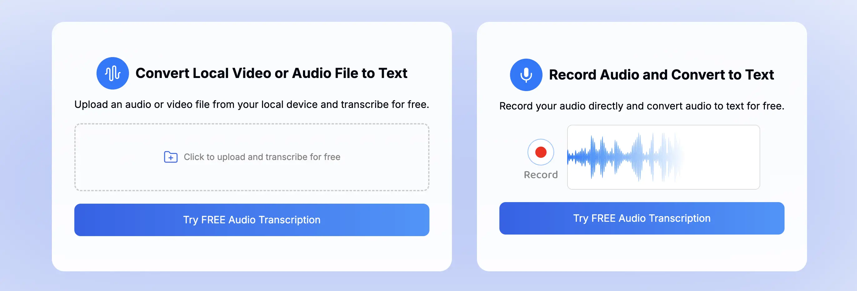 The homepage of Transkriptor for free AI transcription.