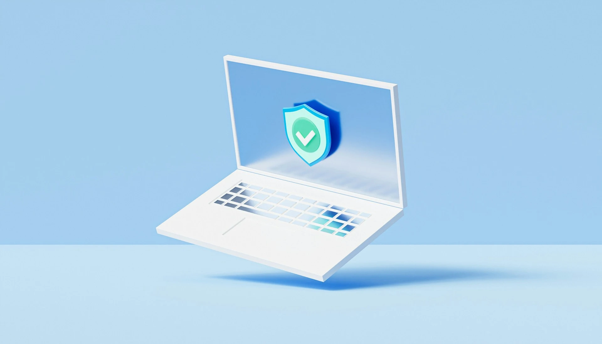Laptop displaying a green shield security icon.