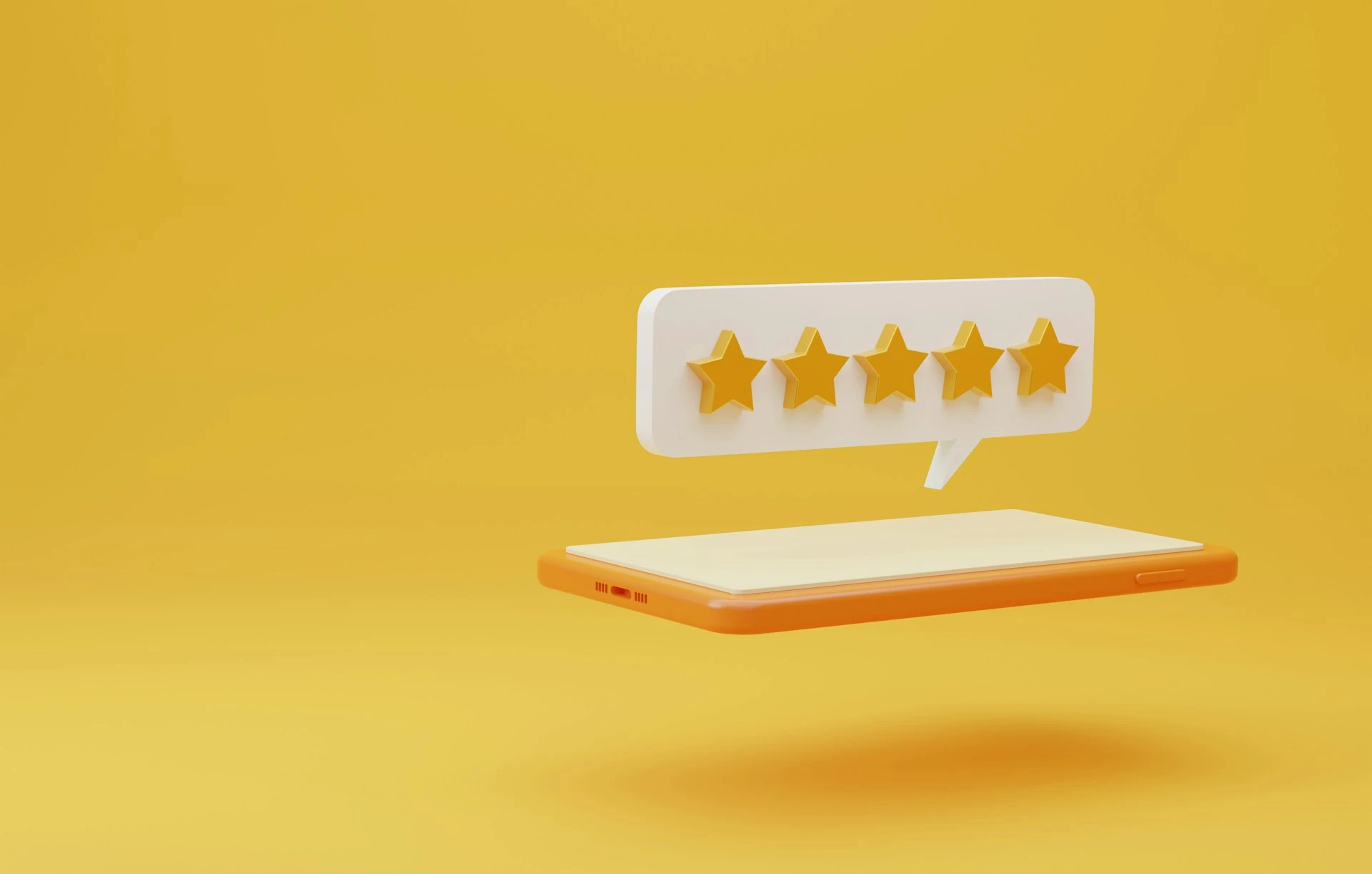  A smartphone with a 5-star review speech bubble floating above it on a yellow background.