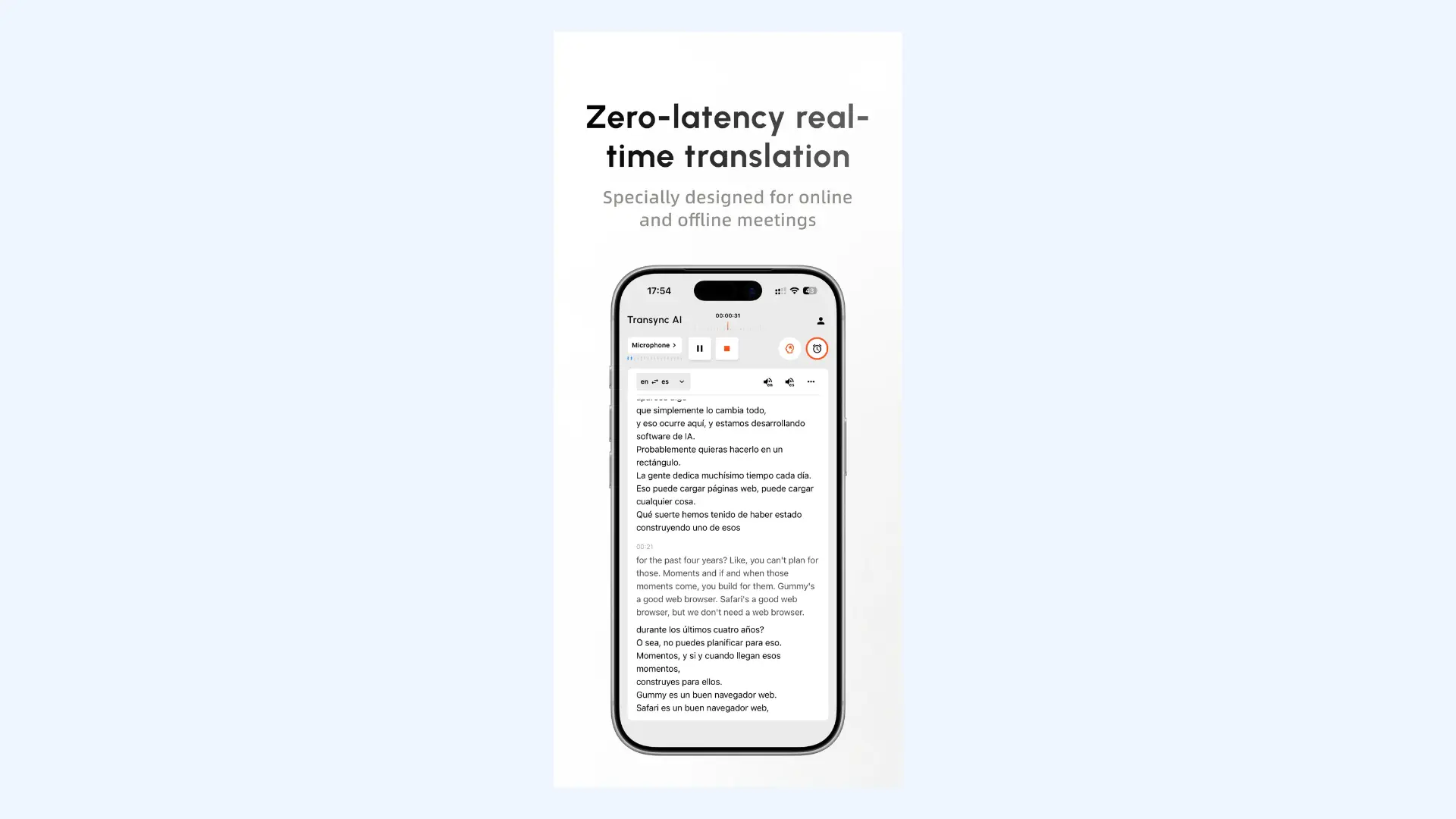 Smartphone showing Transync AI real-time translation app.