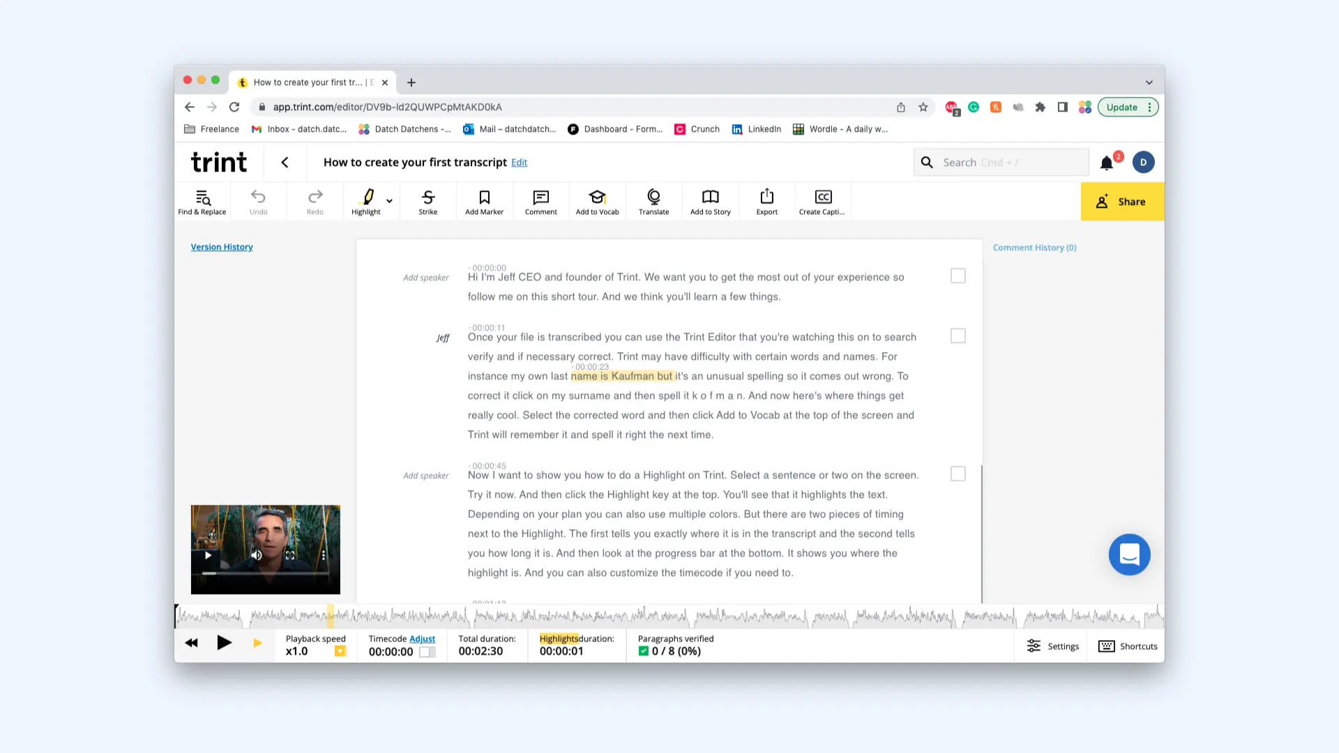 Trint online transcript editor interface for closed captioning.