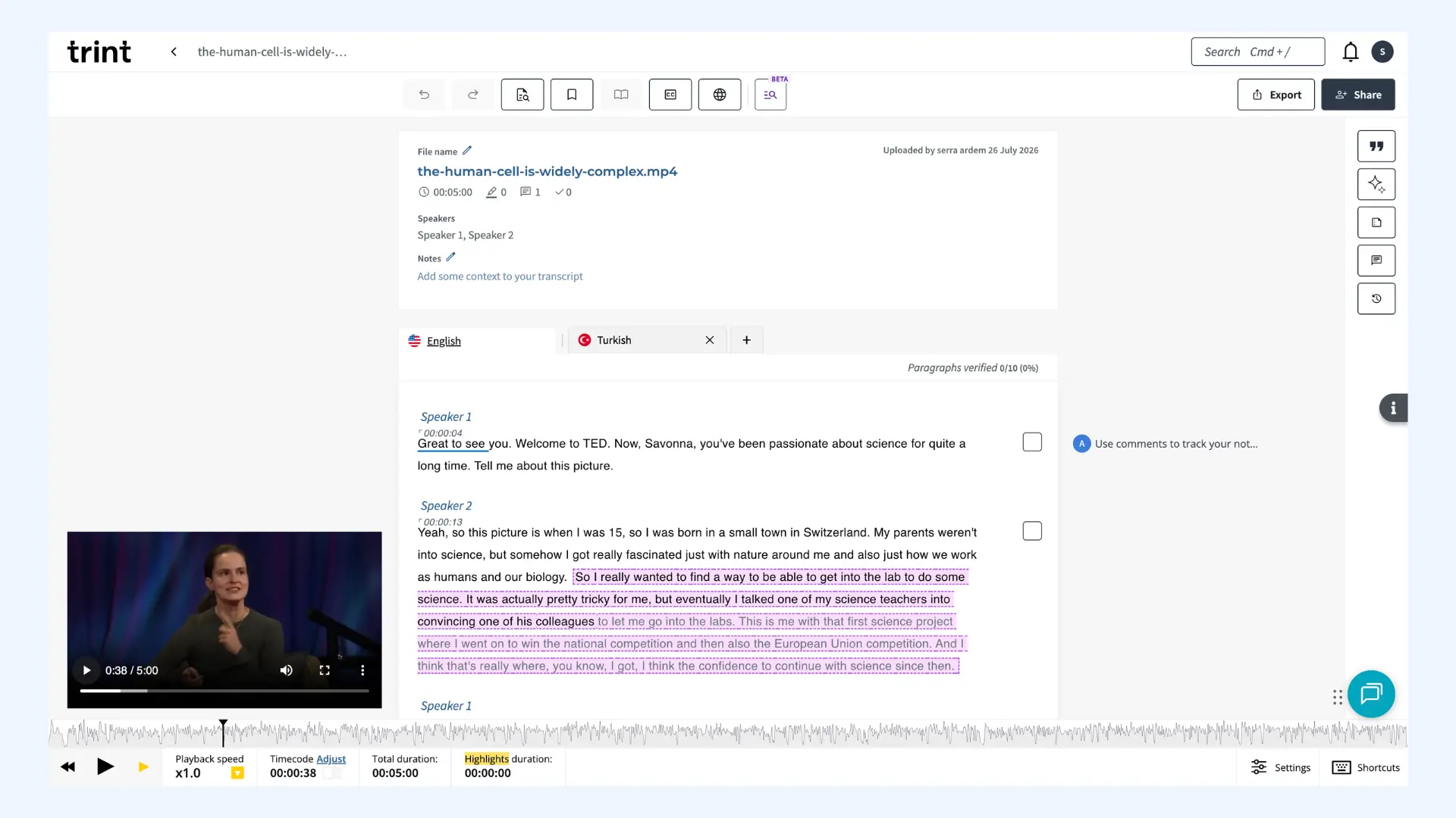 Trint editor displaying an embedded video player and a timecoded transcript with speaker labels.