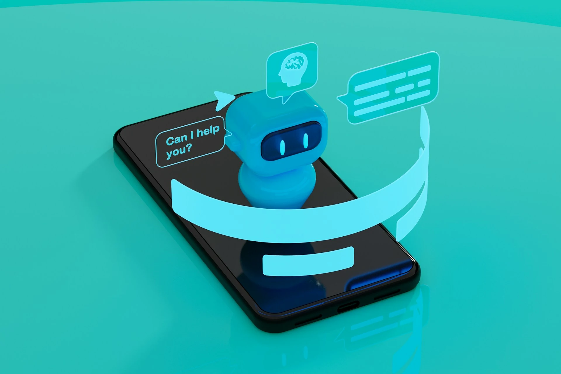 An AI robot stands on a smartphone screen, asking "Can I help you?" with speech bubbles showing a brain and text.
