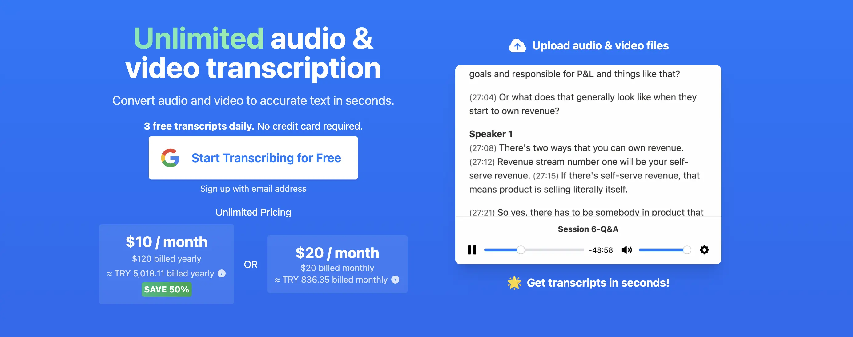 The home page of TurboScribe.
