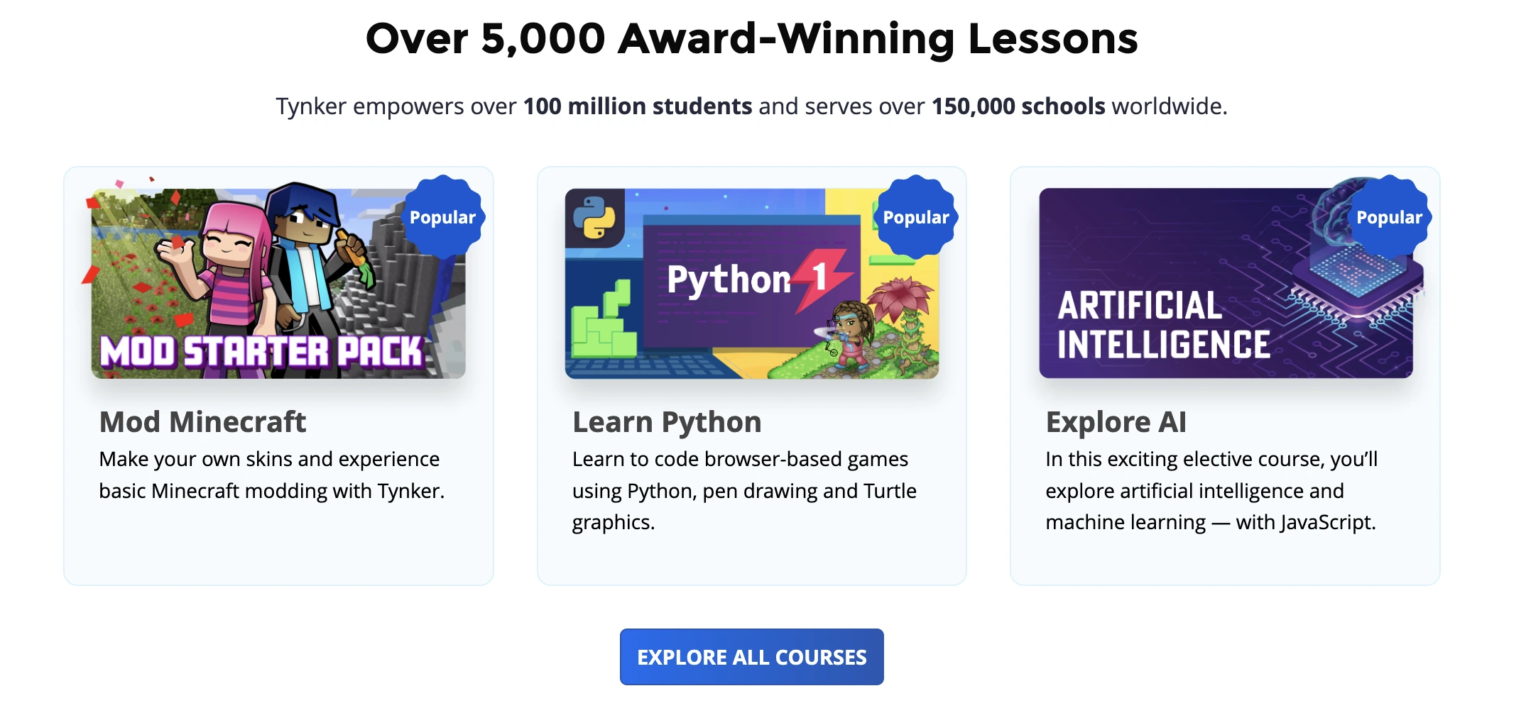 The homepage of Tynker.