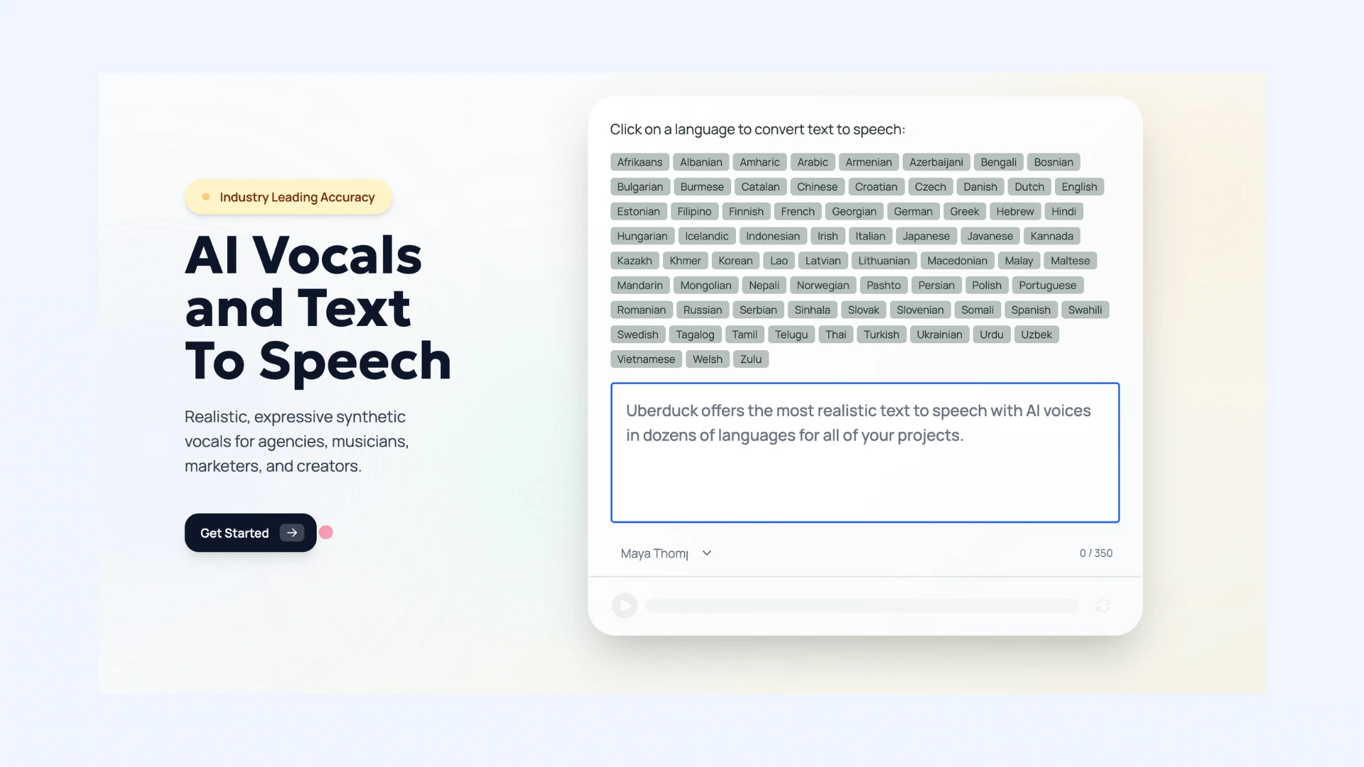 The interface of Uberduck's text to speech AI voice generator.