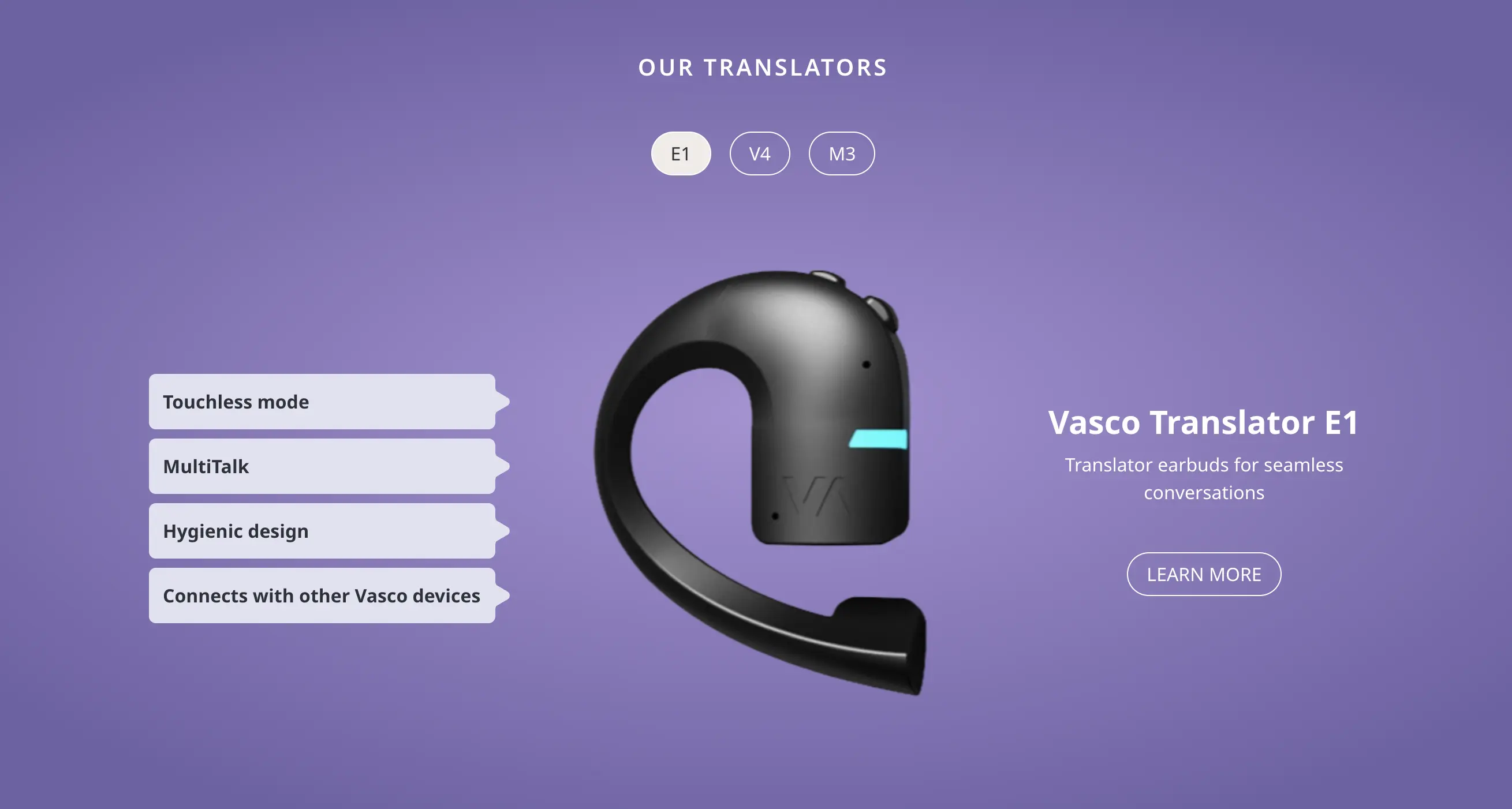 A product image of a black Vasco Translator E1 earbud.