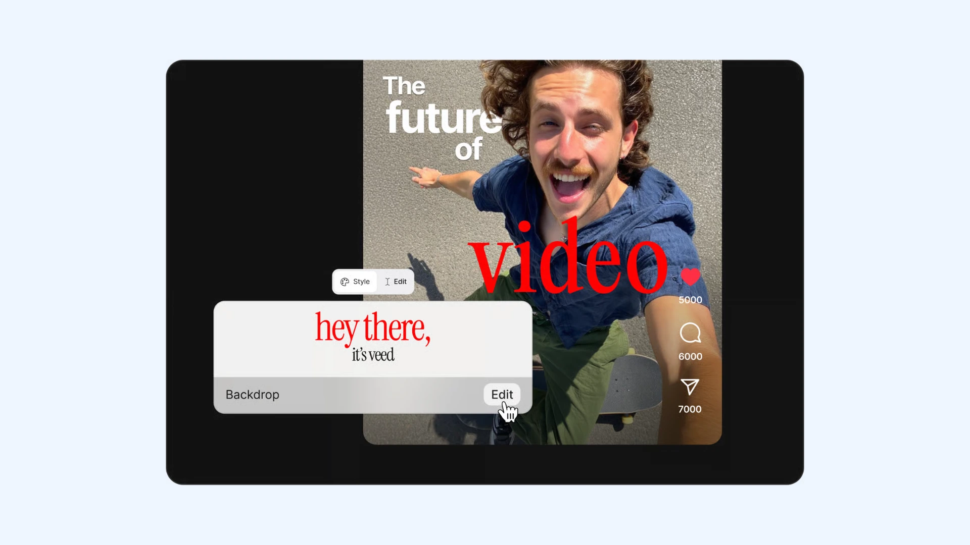 VEED interface showing a man skateboarding with styled captions and an edit menu overlay.