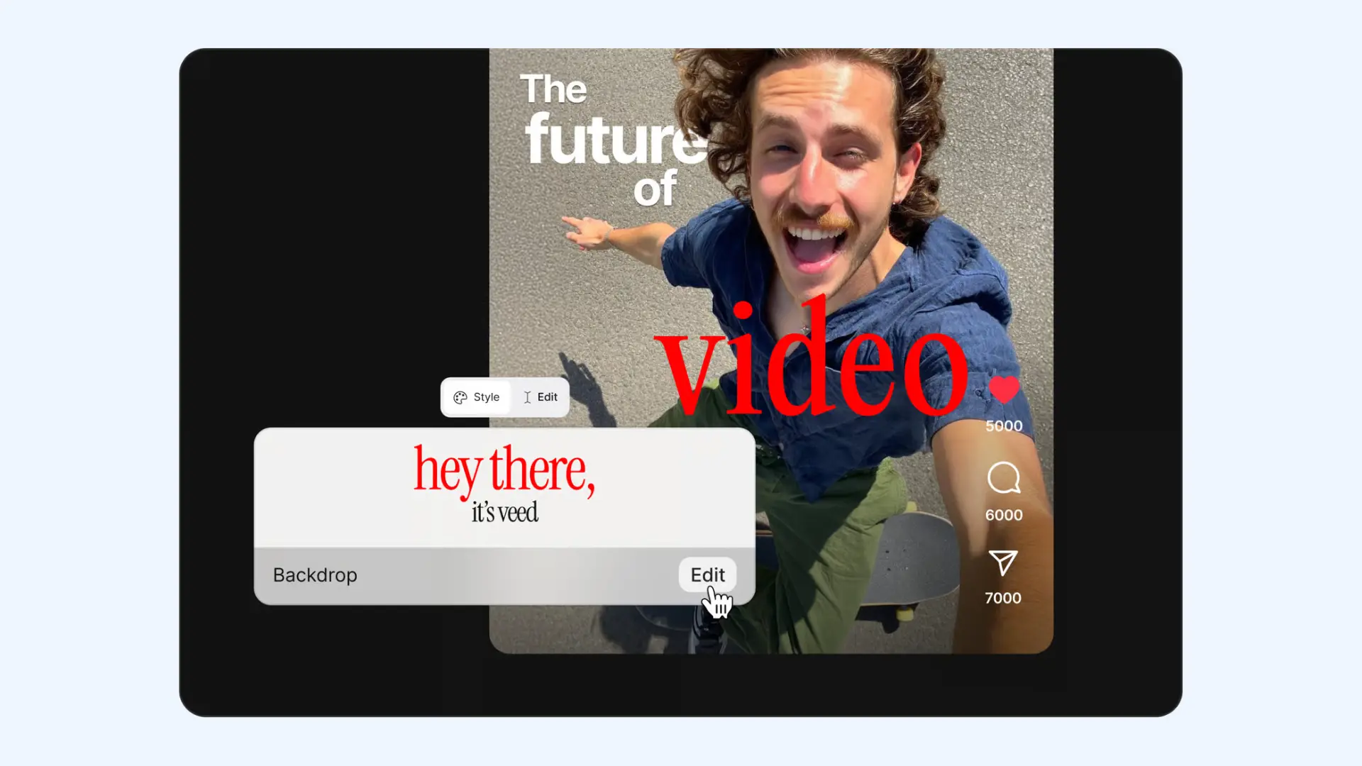 VEED interface showing styled text captions overlaid on a vertical social media video.