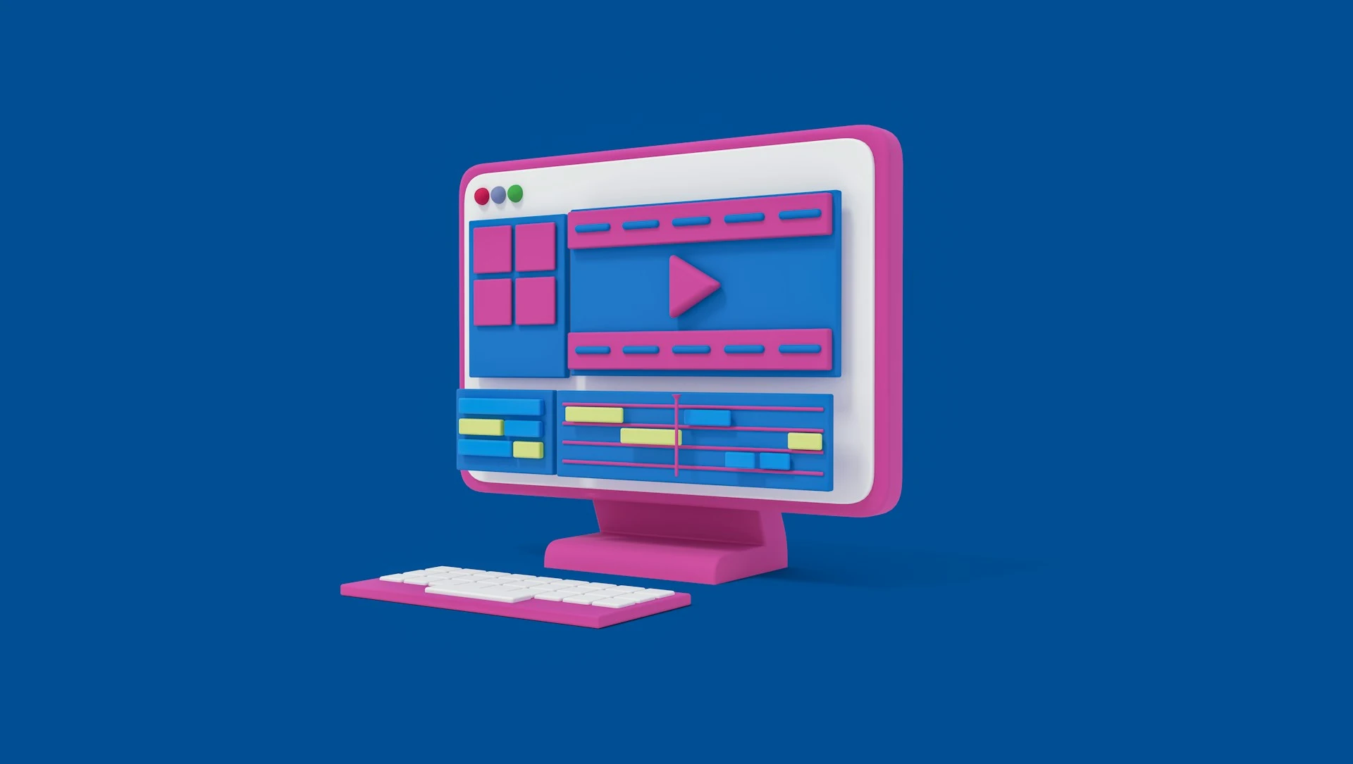3D illustration of a computer monitor displaying video editing software.