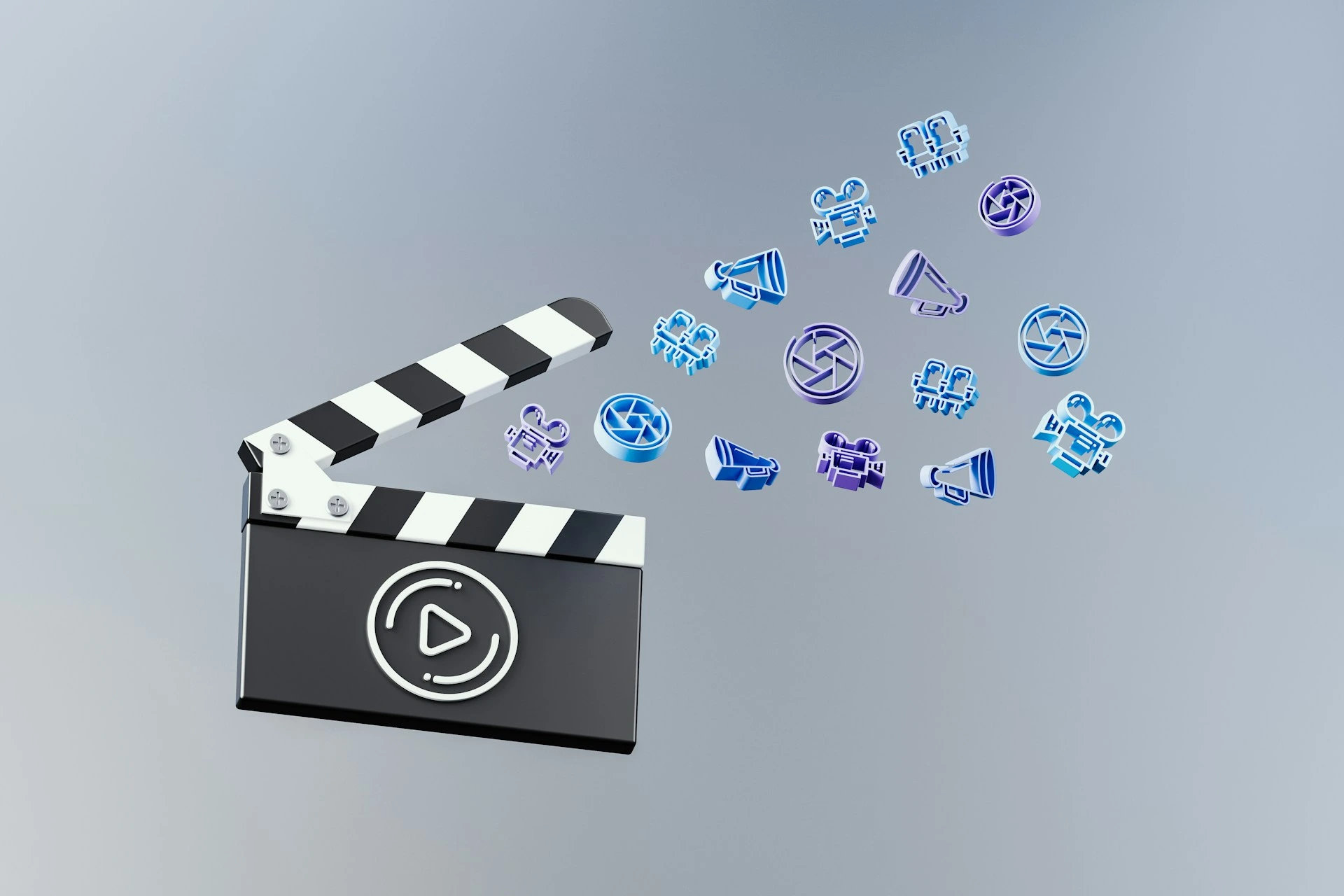 Movie clapperboard with video-related icons.