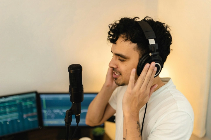 A person is speaking to a microphone to voiceover.