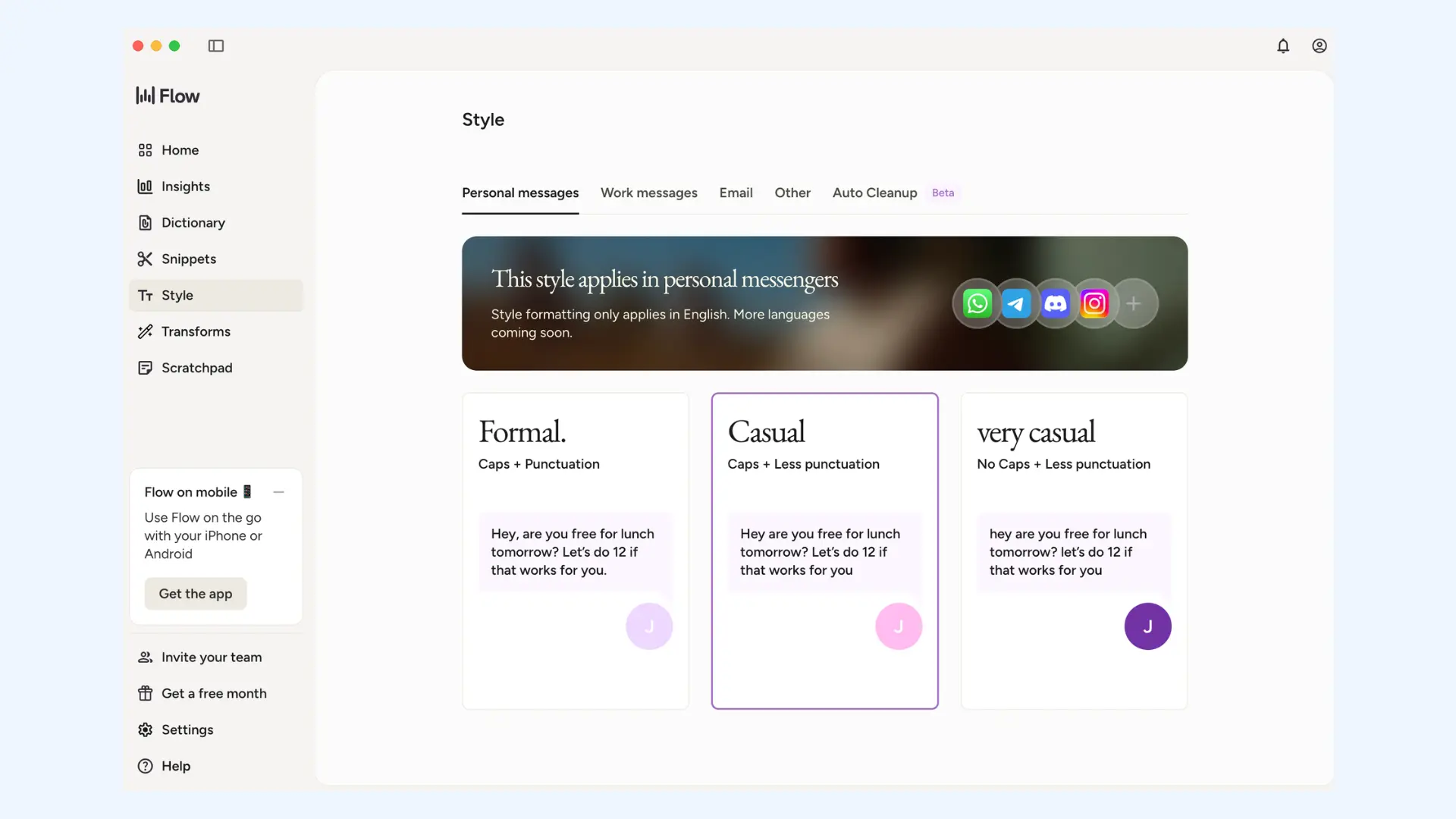Wispr Flow "Style" settings menu, displaying formatting choices for personal messages.