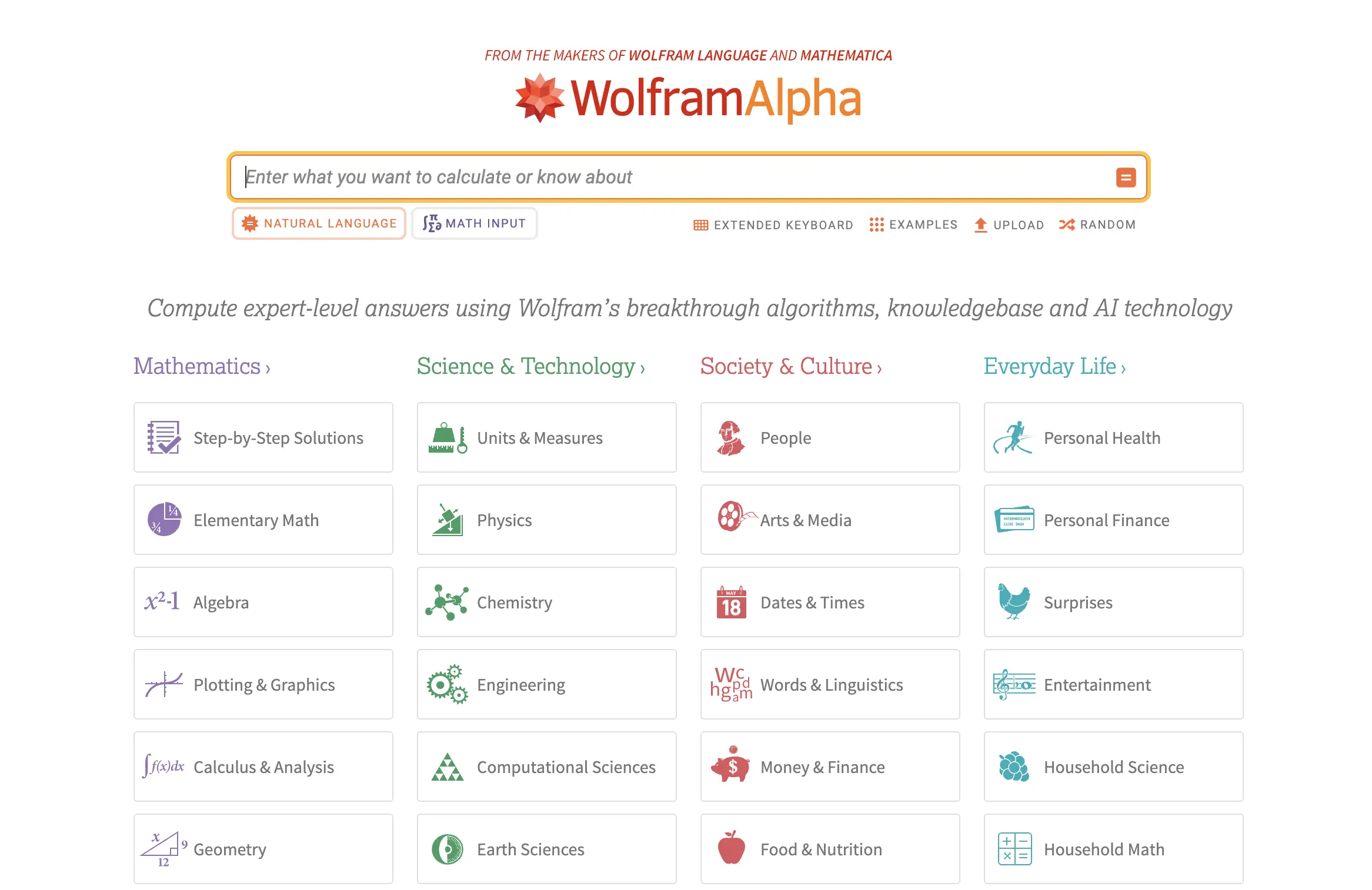 The homepage of Wolfram|Alpha.