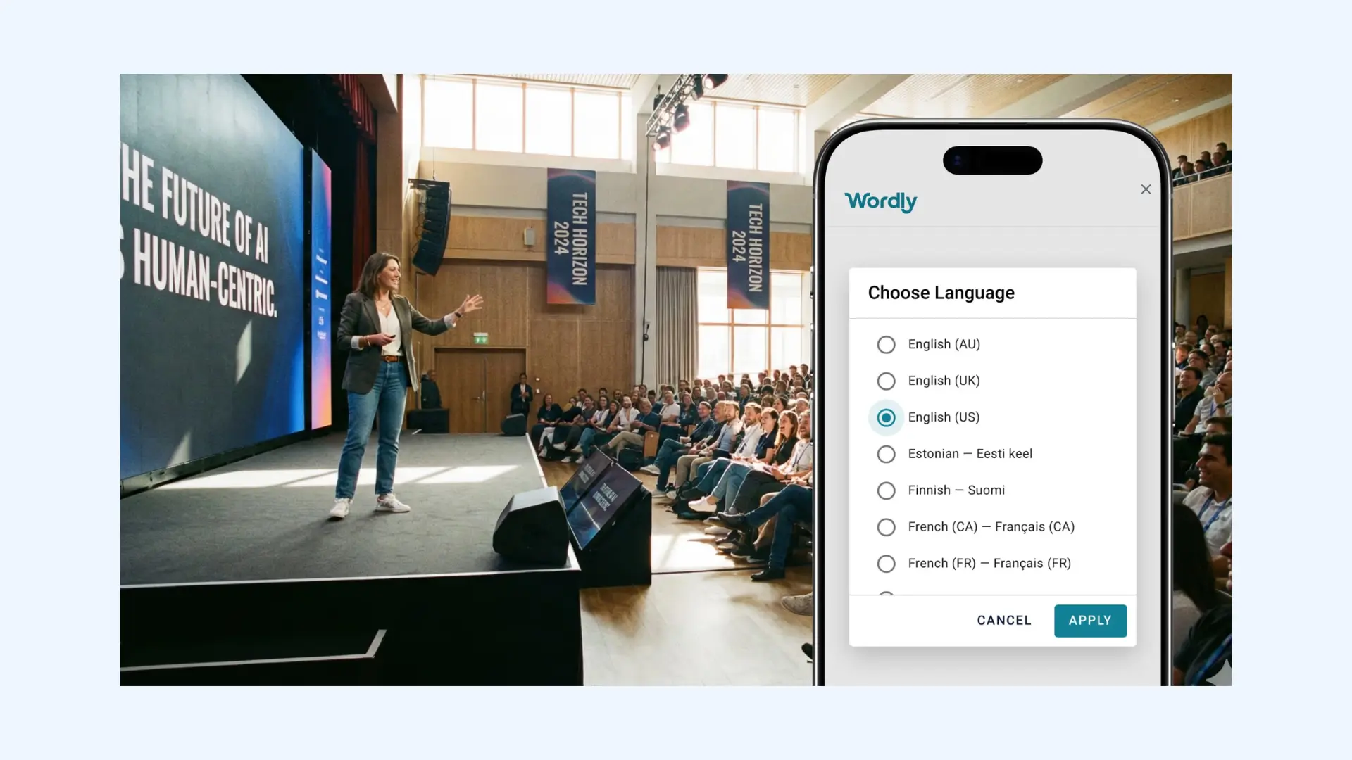 A live conference presentation with the Wordly app interface for choosing a translation language.