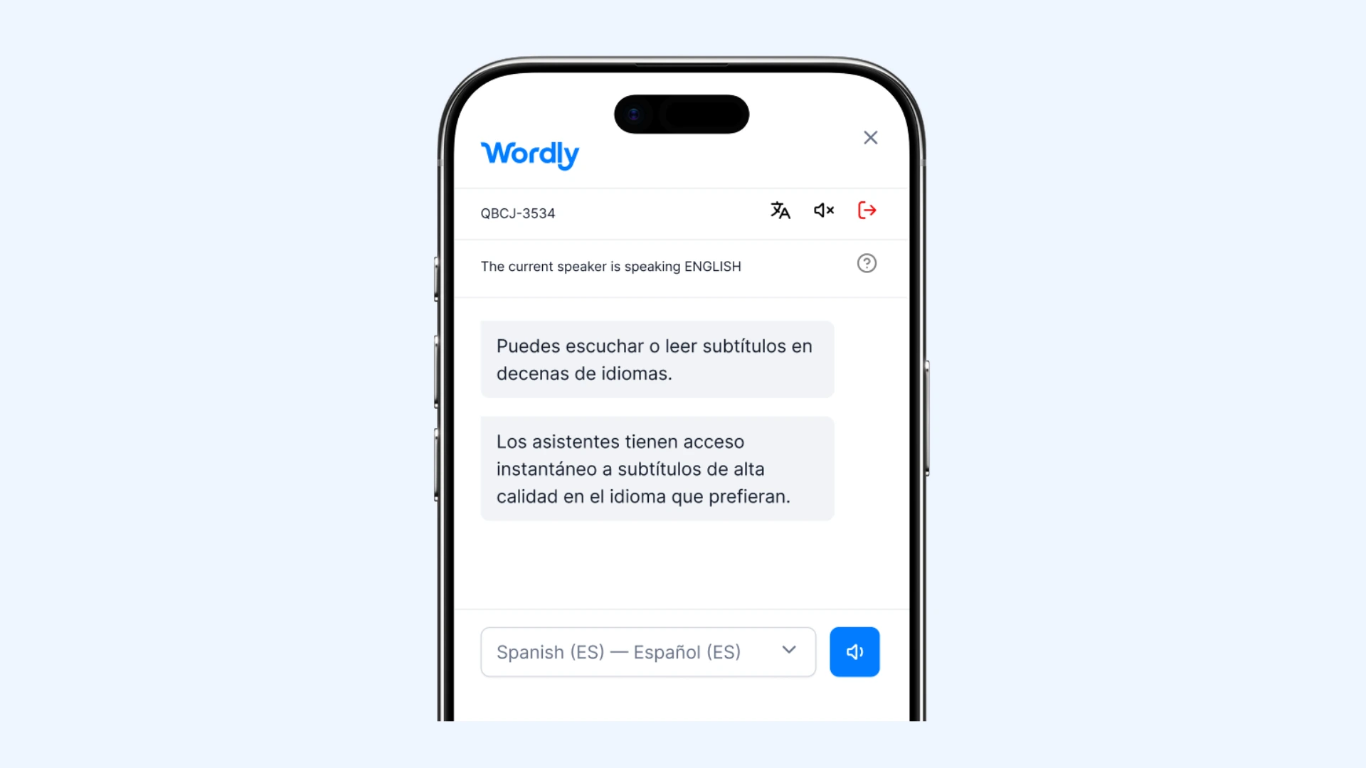  Wordly app interface with live Spanish captions translated from an English speaker.