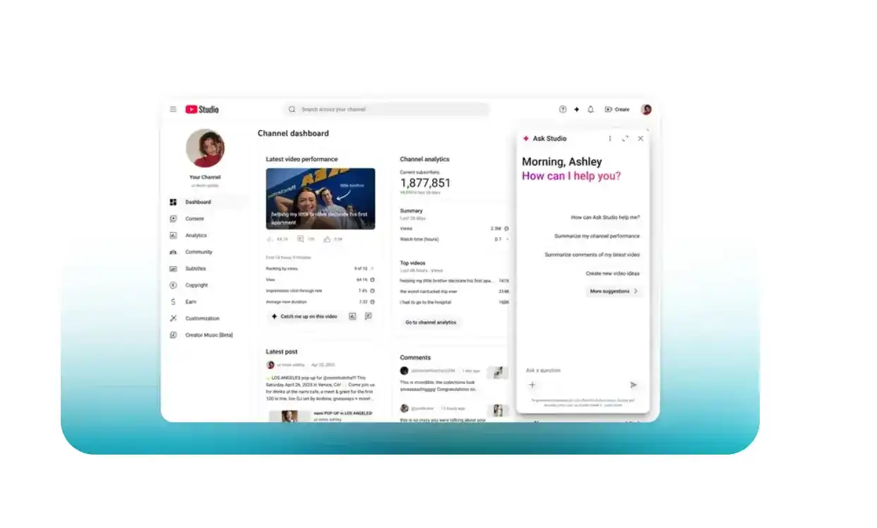 YouTube Studio channel dashboard with subtitles section highlighted as a best AI subtitle generator for YouTube