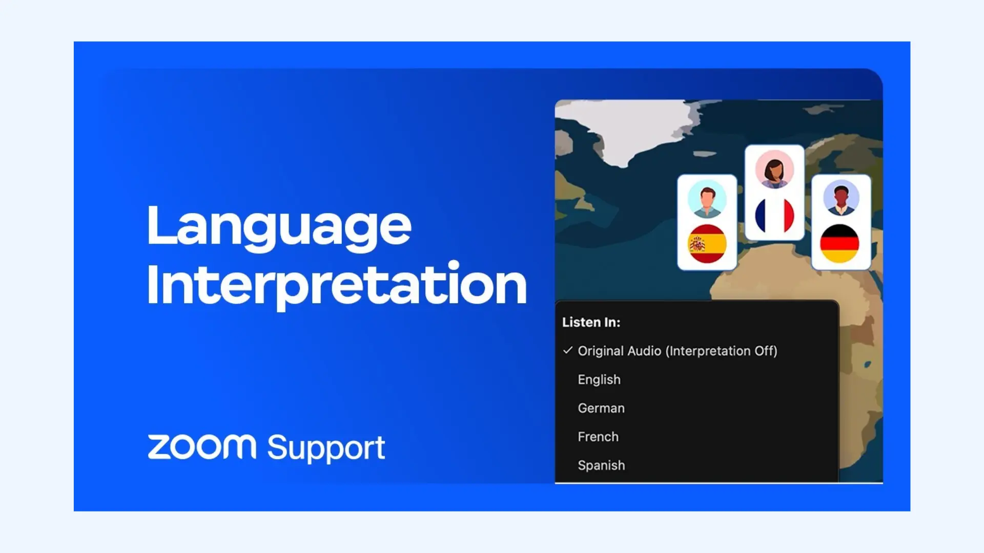 Zoom interface displaying the Language Interpretation menu.