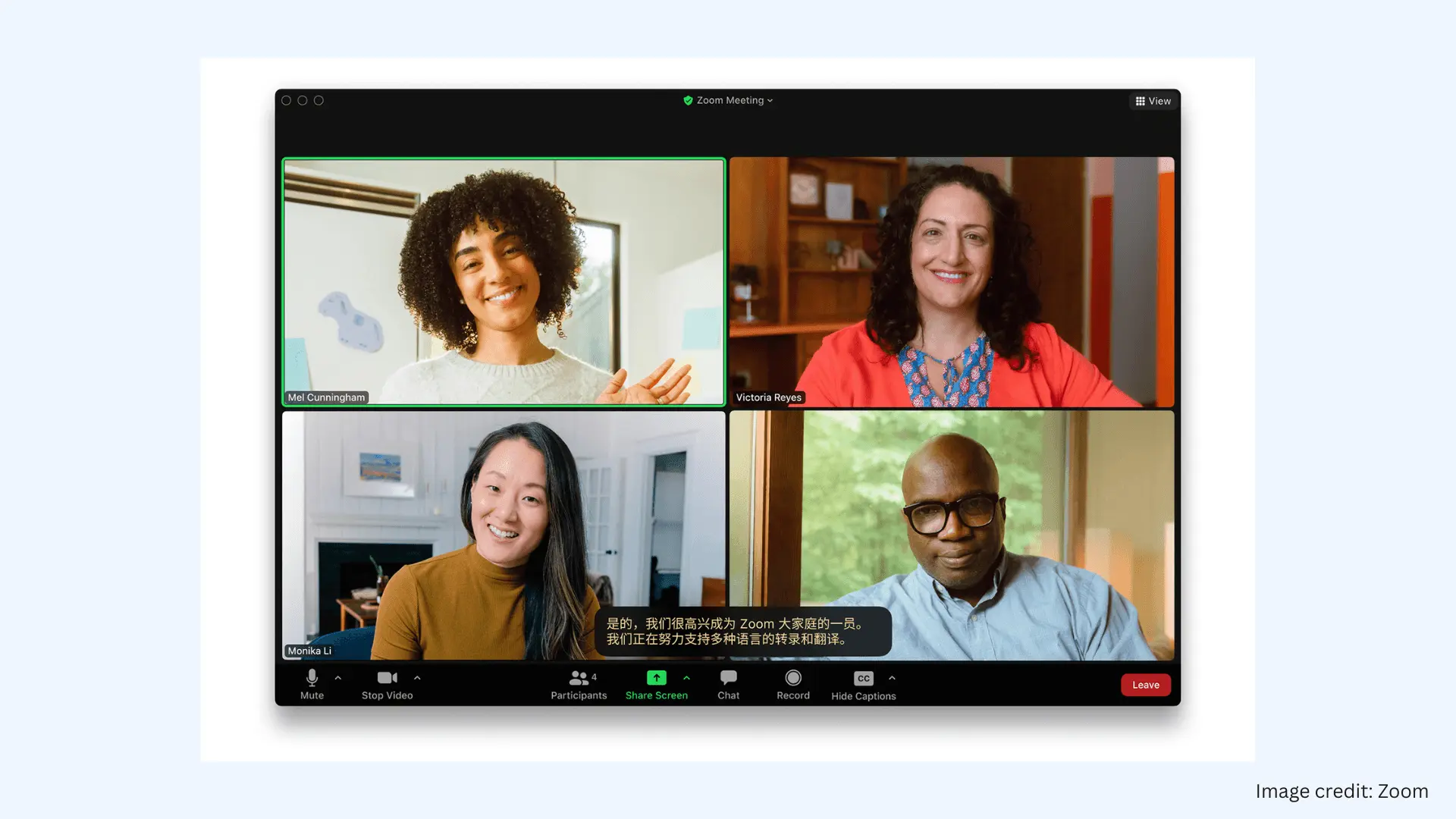 Zoom interface showing a meeting with translated captions.