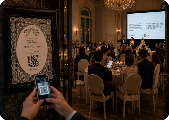 Live wedding translation being shared via QR code