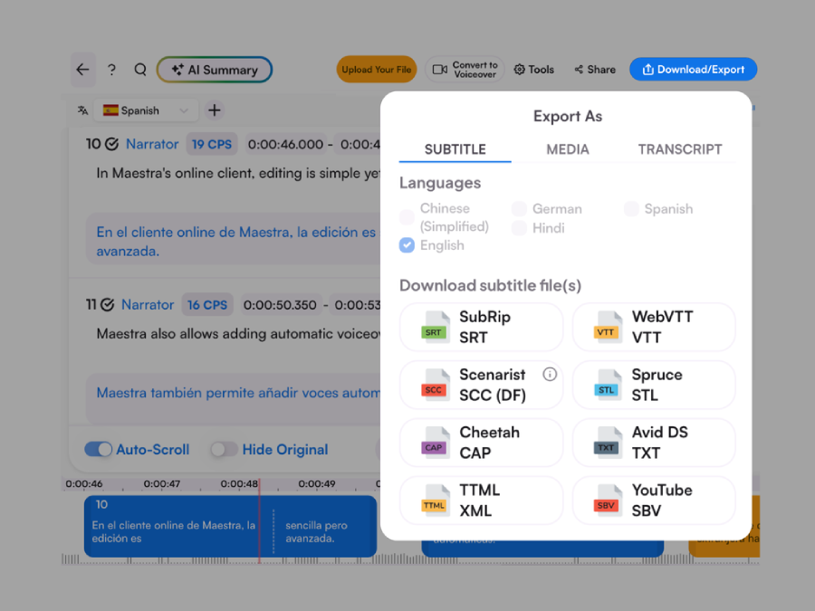 Exportando en diferentes formatos de subtítulos