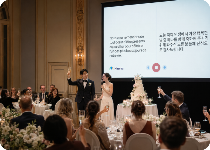 Live translation projected on a big screen during a wedding ceremony