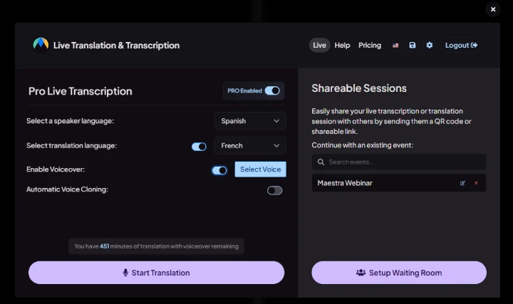 Maestra Live interface.