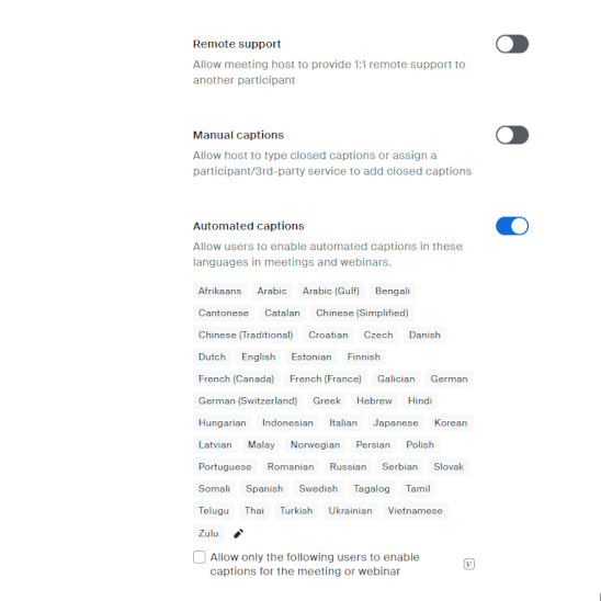 Enabling manual captions and API token on Zoom settings