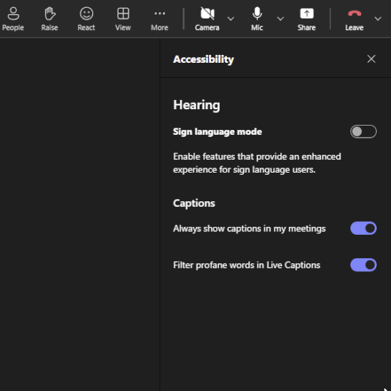 Enable live captions in a Teams meeting