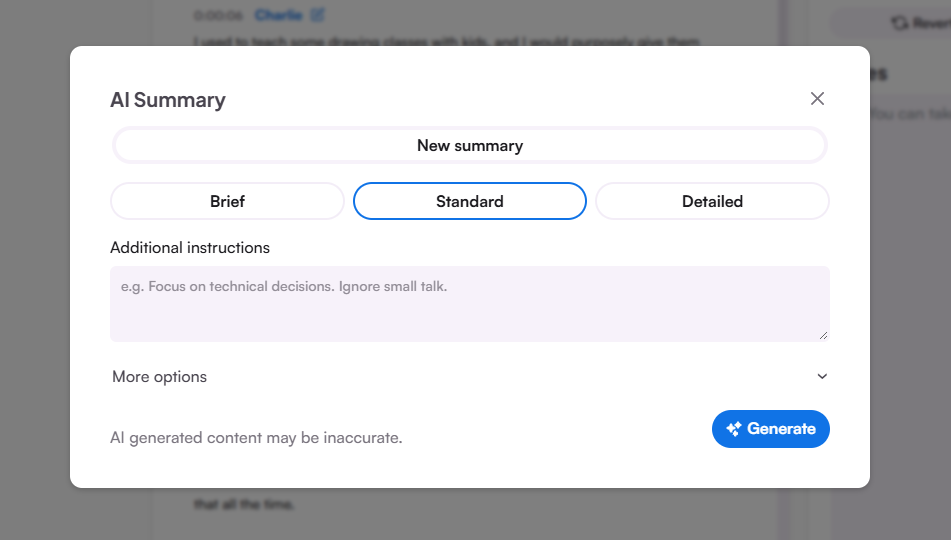 The interface of Maestra's AI-powered summarizer
