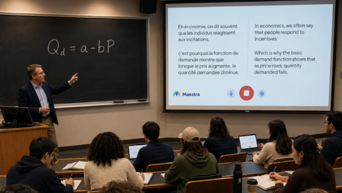 Maestra Live showing French and English captions on the screen and on students' laptops during a lecture