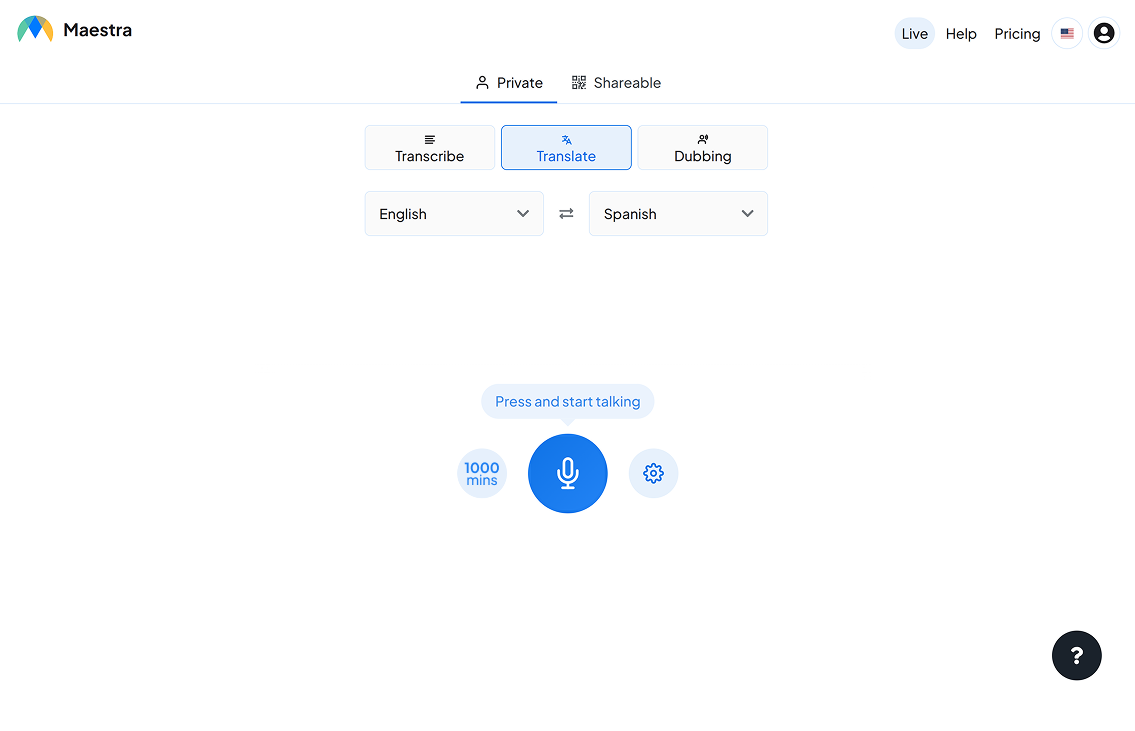 Maestra's real time translator interface showing translation options.