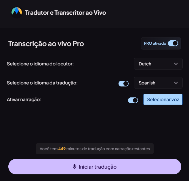 Interfaz del traductor de audio en vivo de Maestra.