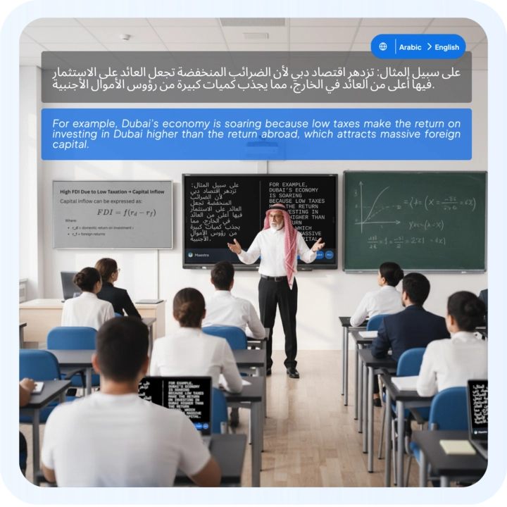 أستاذ يقوم بترجمة محاضرة مباشرة من العربية إلى الإنجليزية.