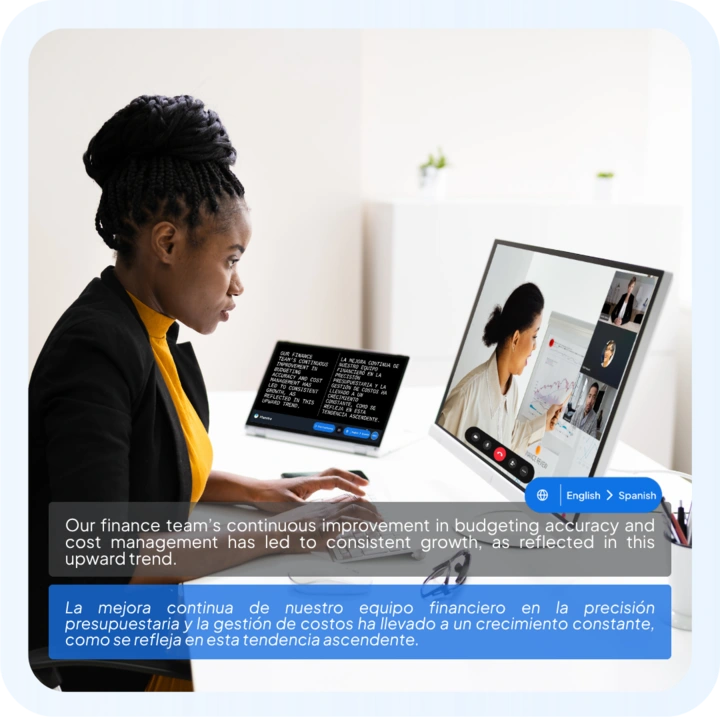 Una persona traduciendo una reunión en línea con el traductor de voz en vivo de Maestra.