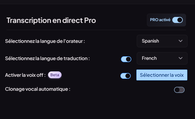 Traduire le discours français en direct vers l'espagnol.