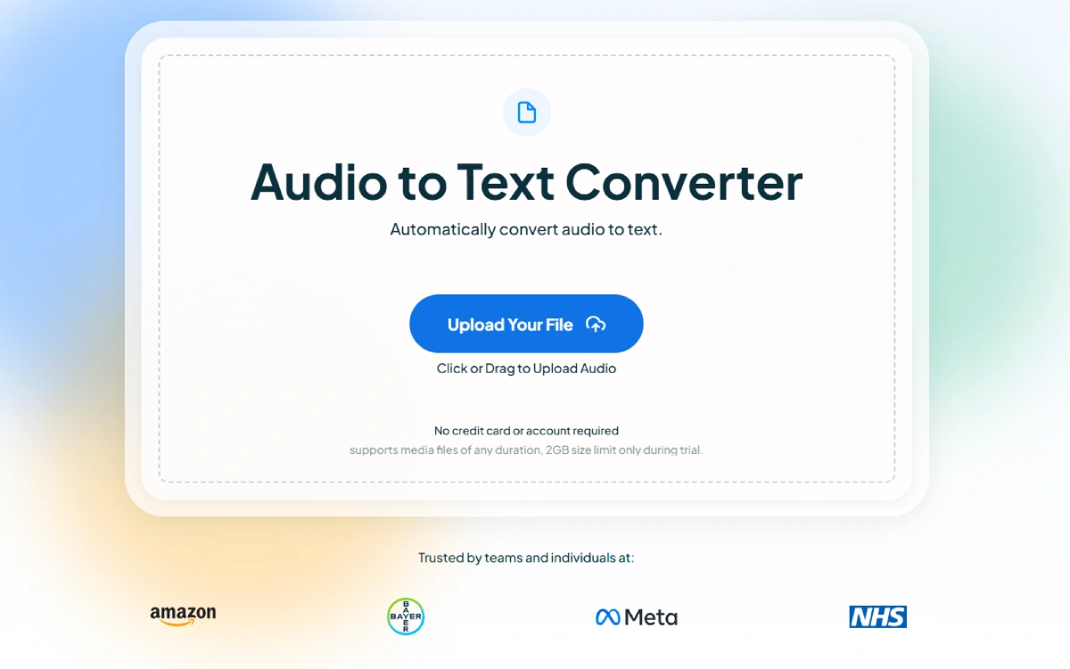 Audio to text converter homepage.