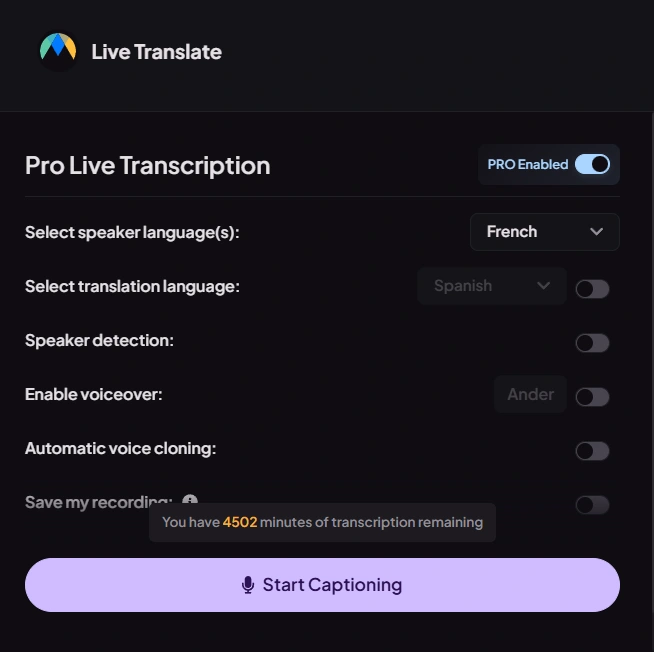 Maestra's real time translator interface showing translation options.