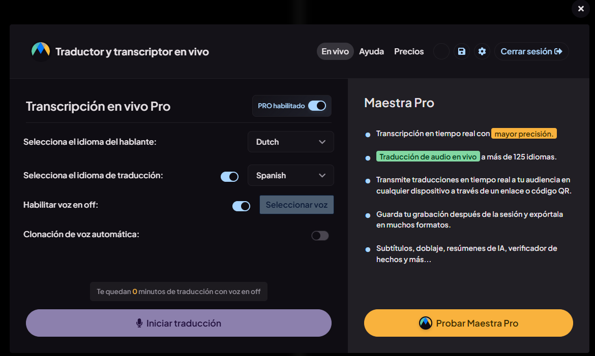Interfaz del traductor de audio en vivo de Maestra.