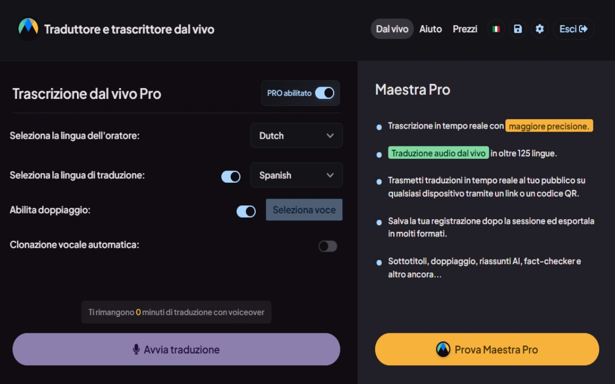 Interfaccia del traduttore audio live di Maestra.