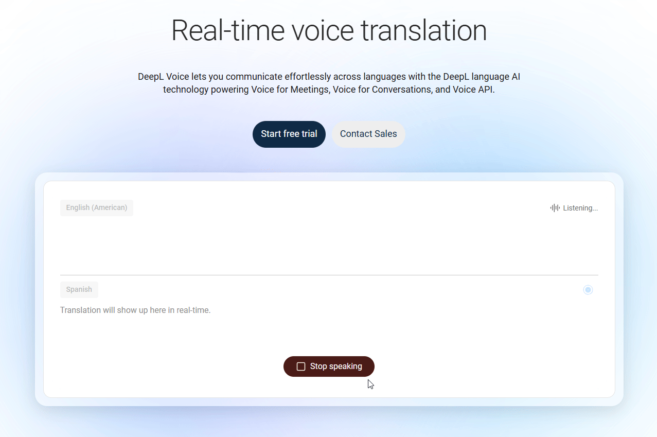 DeepL Voice translating live English to Spanish