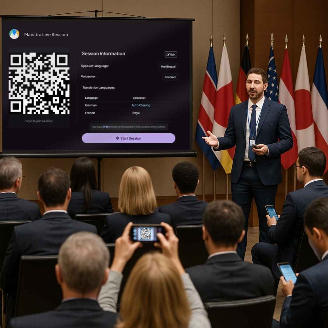 Una persona está compartiendo una sesión de traducción de audio en vivo en Maestra durante un evento.