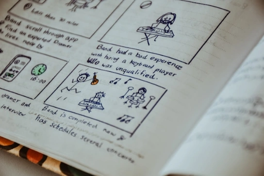 A closeup of a notebook with drawings on it.