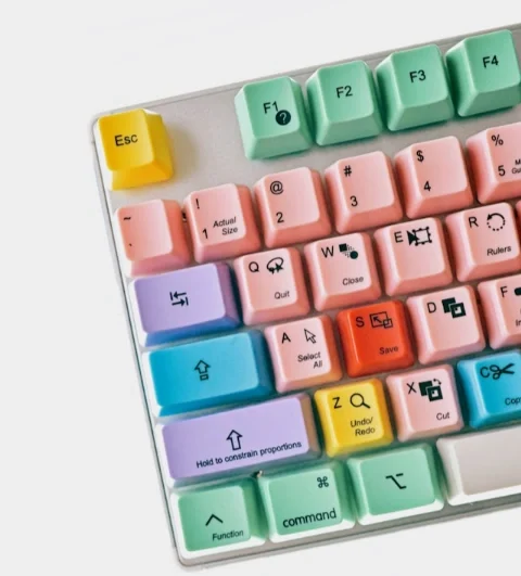 A colorful keyboard with the functions of the keys written on it.