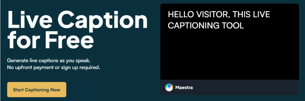 Website of Maestra, focusing on the free live caption tool.