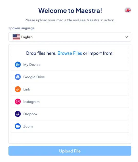Maestra's interface for uploading video files for AI transcription.