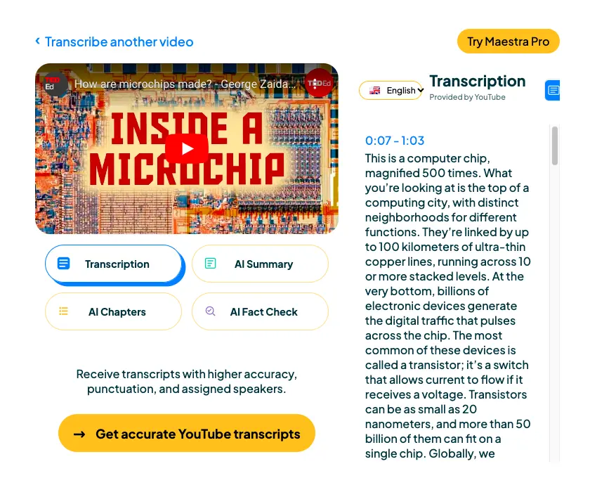 The interface of Maestra's free YouTube transcript generator, also displaying additional features such as AI summaries and more.