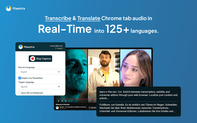 Maestra's Chrome extension's interface showcasing AI transcription and translation capabilities.